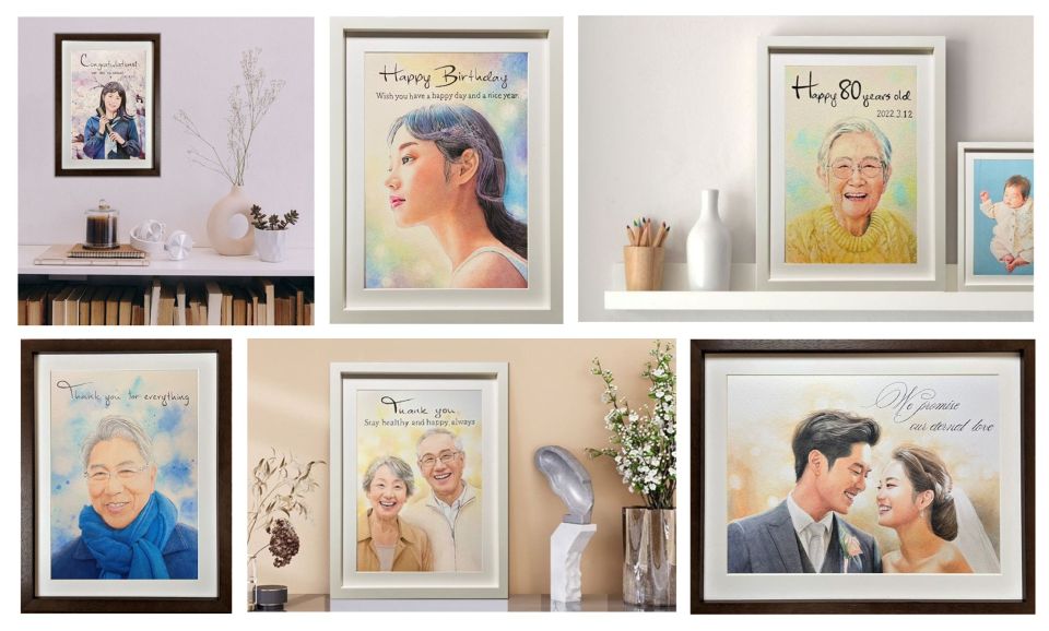 記念日のお祝いの似顔絵作品集。様々なモデルと、構図・色合でオーダーメイド制作した温かみのある似顔絵。