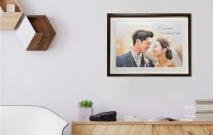 結婚祝いの似顔絵プレゼント展示例。向かい合う新郎新婦の幸福感を暖色系の温かみのある色彩と光の表現で仕上げた、お部屋をお洒落にする似顔絵作品。