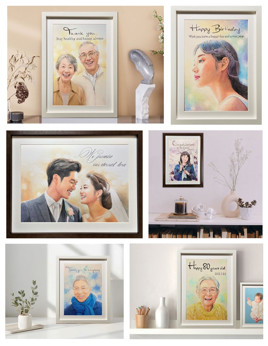 記念日のお祝いの似顔絵作品集。様々なモデルと、構図・色合でオーダーメイド制作した温かみのある似顔絵。 記念日のお祝いの似顔絵作品集。様々なモデルと、構図・色合でオーダーメイド制作した温かみのある似顔絵。