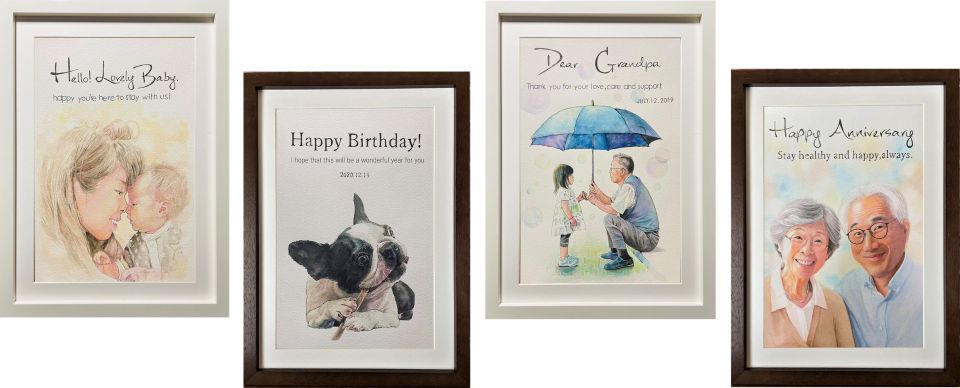 水彩画の似顔絵。それぞれブラウンとホワイトの額縁に入った、丁寧な手描きの高級感あふれる似顔絵作品集。