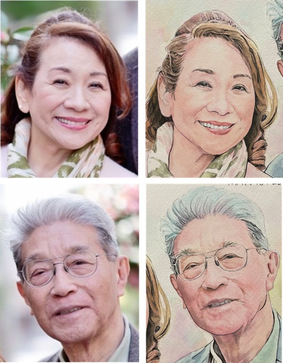 両親お祝いの水彩似顔絵と参考写真比較。リアルに描写した作品。