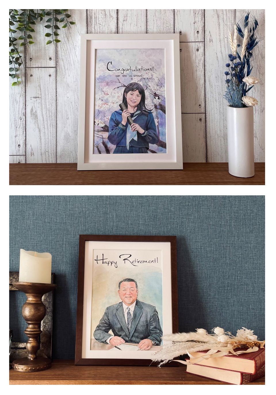 卒業・退職のお祝いの水彩似顔絵1点ずつ。桜と卒業生の女の子を水彩の美しい色彩で描いた作品と男性の笑顔をシックな色合いで描いた退職祝いの似顔絵。