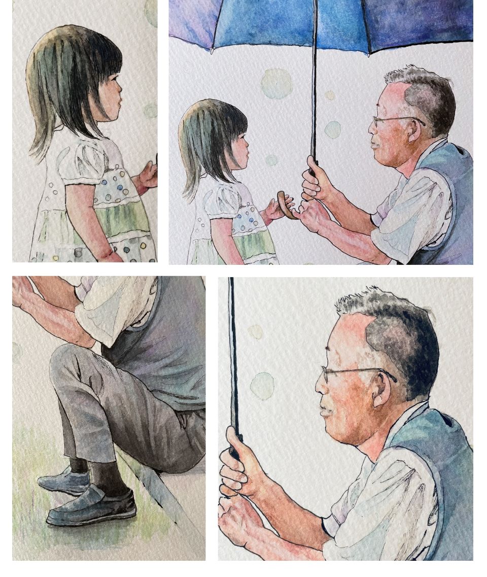 長寿祝いの似顔絵アップ。おじいちゃんと孫の特徴を良く捉えたくっきりタッチのイラスト風のかわいくておしゃれな似顔絵作品。