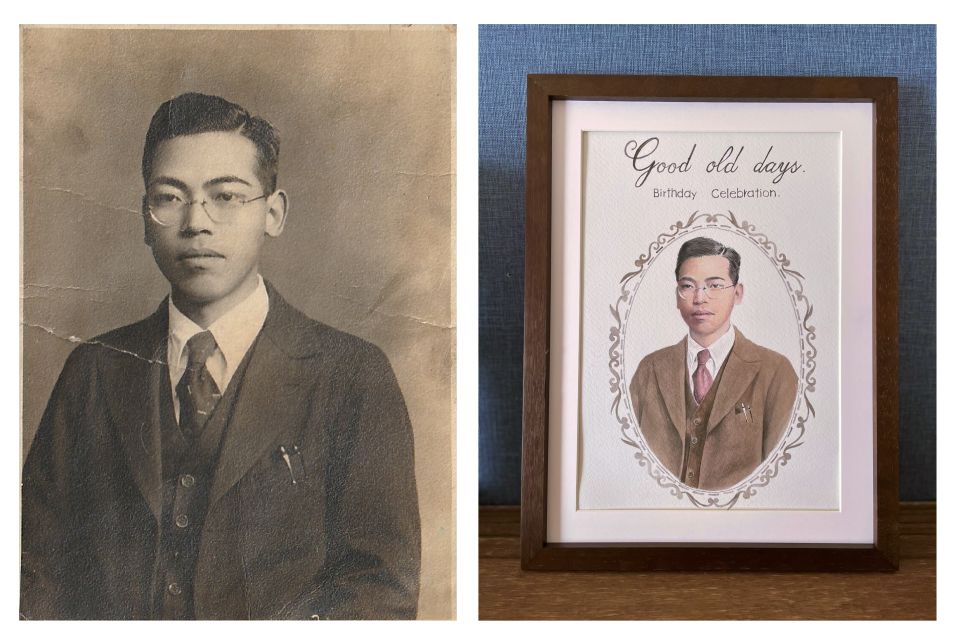 長寿祝いの似顔絵。白黒写真のおじいちゃんのを水彩でカラーにした似顔絵作品。