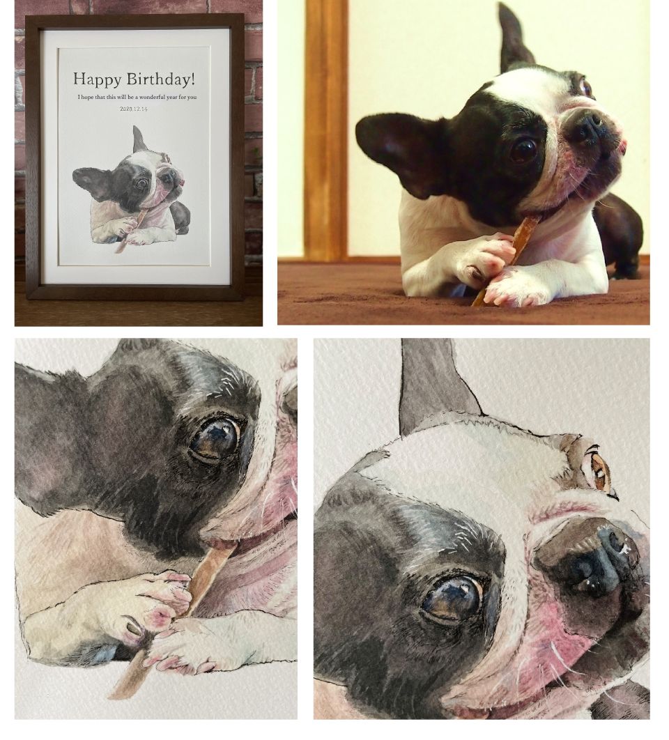 ペットの似顔絵。画用紙の中央に配置した構図や線の強弱をコントロールしたタッチなど、デザイン性を意識した、おしゃれな犬の似顔絵。