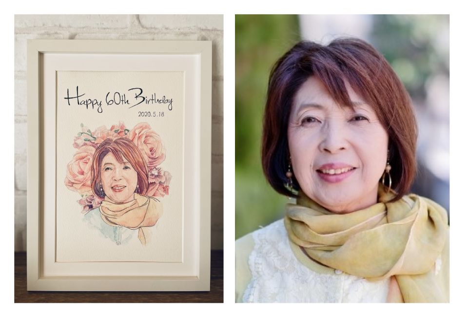 ���ꂳ��ւ̊җ�j���̎���G�Ǝʐ^��r�摜�B��������ɕ`���Ȃ������������^�b�`�ł͂����肵�Ă��āA�w�i�ɂ͉Ԃ�`���ĉ؂₩�Ȉ�ہB