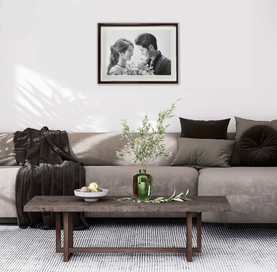 結婚記念日の似顔絵。鉛筆画の展示例。お部屋をスタイリッシュな印象する洗練された作品。 結婚記念日の似顔絵。鉛筆画の展示例。お部屋をスタイリッシュな印象する洗練された作品。