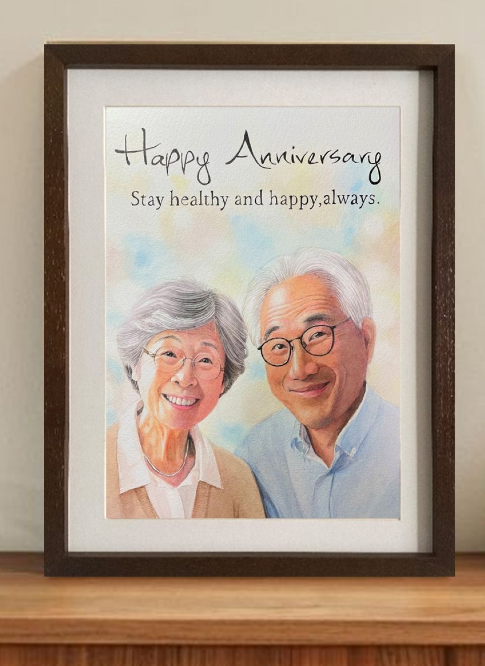 両親の結婚記念日の似顔絵アップ。柔らかなふんわりとしたタッチと光を取り込む水彩の技術を使った作品。 両親の結婚記念日の似顔絵アップ。柔らかなふんわりとしたタッチと光を取り込む水彩の技術を使った作品。