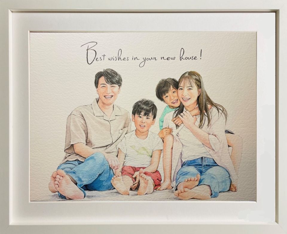 家族の記念の似顔絵アップ。タッチはくっきりタッチで描き、輪郭線の強さで元気いっぱいな雰囲気を表現し、イラスト風におしゃれに仕上げた似顔絵。 家族の記念の似顔絵アップ。タッチはくっきりタッチで描き、輪郭線の強さで元気いっぱいな雰囲気を表現し、イラスト風におしゃれに仕上げた似顔絵。