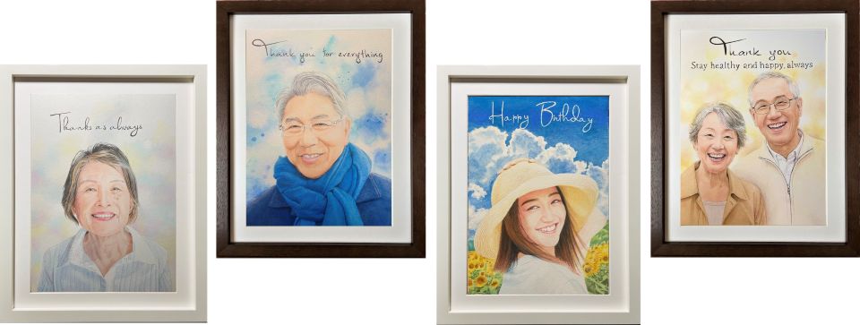 家族のお誕生日祝いの似顔絵。お誕生日お祝いのさまざまな作品。明るく朗らかな雰囲気が伝わる似顔絵作品集。 家族のお誕生日祝いの似顔絵。お誕生日お祝いのさまざまな作品。明るく朗らかな雰囲気が伝わる似顔絵作品集。