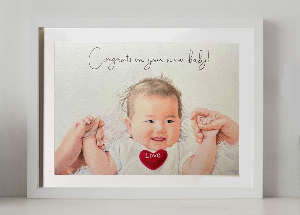 家族の記念の似顔絵アップ。背景は何も描かず、かわいい赤ちゃんの笑顔だけを主役に細密なタッチで描いた似顔絵作品。 家族の記念の似顔絵アップ。背景は何も描かず、かわいい赤ちゃんの笑顔だけを主役に細密なタッチで描いた似顔絵作品。