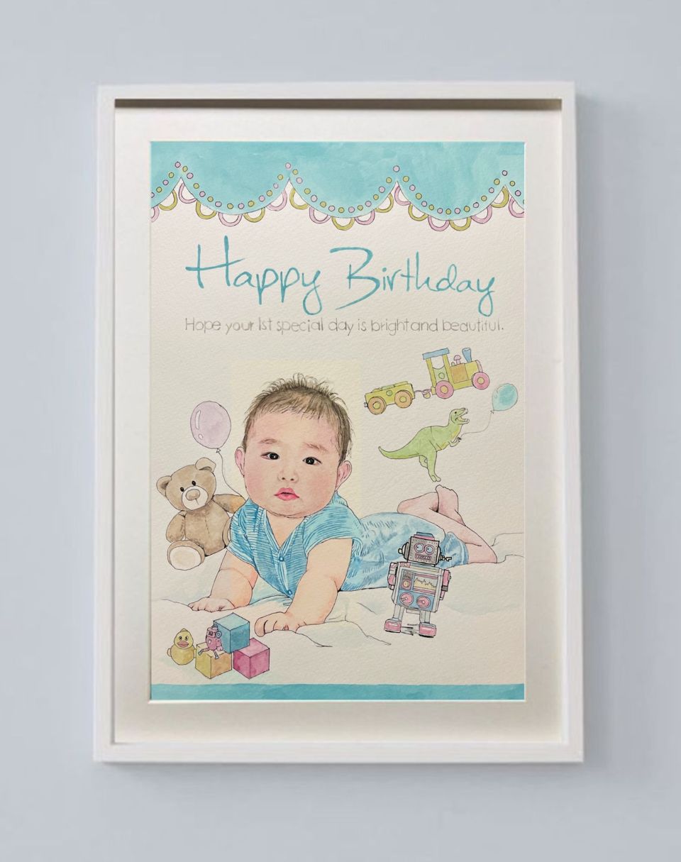 家族の記念の似顔絵の展示例。オーダーメイドで赤ちゃんとおもちゃなどをおとぎ話に出てくるようなパステルカラーの配色で描いた似顔絵作品。 家族の記念の似顔絵の展示例。オーダーメイドで赤ちゃんとおもちゃなどをおとぎ話に出てくるようなパステルカラーの配色で描いた似顔絵作品。