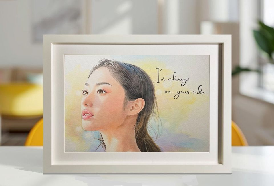 お誕生日記念の似顔絵展示例。鮮やかな水彩の色彩に、日の光が当たるとさらに美しく輝き、お部屋を明るくする似顔絵作品。