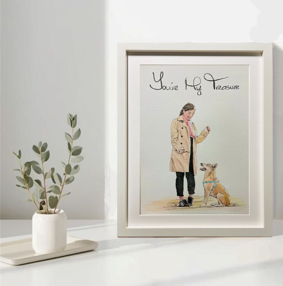 誕生日のお祝い似顔絵展示例。背景は何も描かず、ペットと女性の絆を強調する構図で描かれた似顔絵作品。