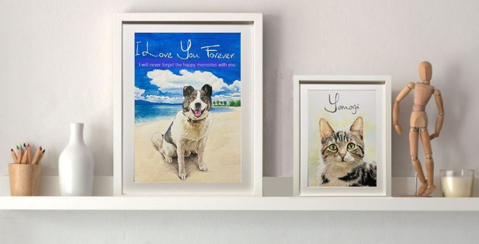 �y�b�g�Ƃ̎���G�C���X�g�W����B���킢�����ƔL�����ꂼ��2�_�A���邭�D�����F�����ŕ`���ꂽ�������ɉf���鎗��G��i�B