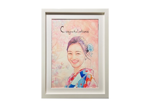 桜の中で満面の笑みを浮かべる女性をくっきりタッチで描いた似顔絵 桜の中で満面の笑みを浮かべる女性をくっきりタッチで描いた似顔絵