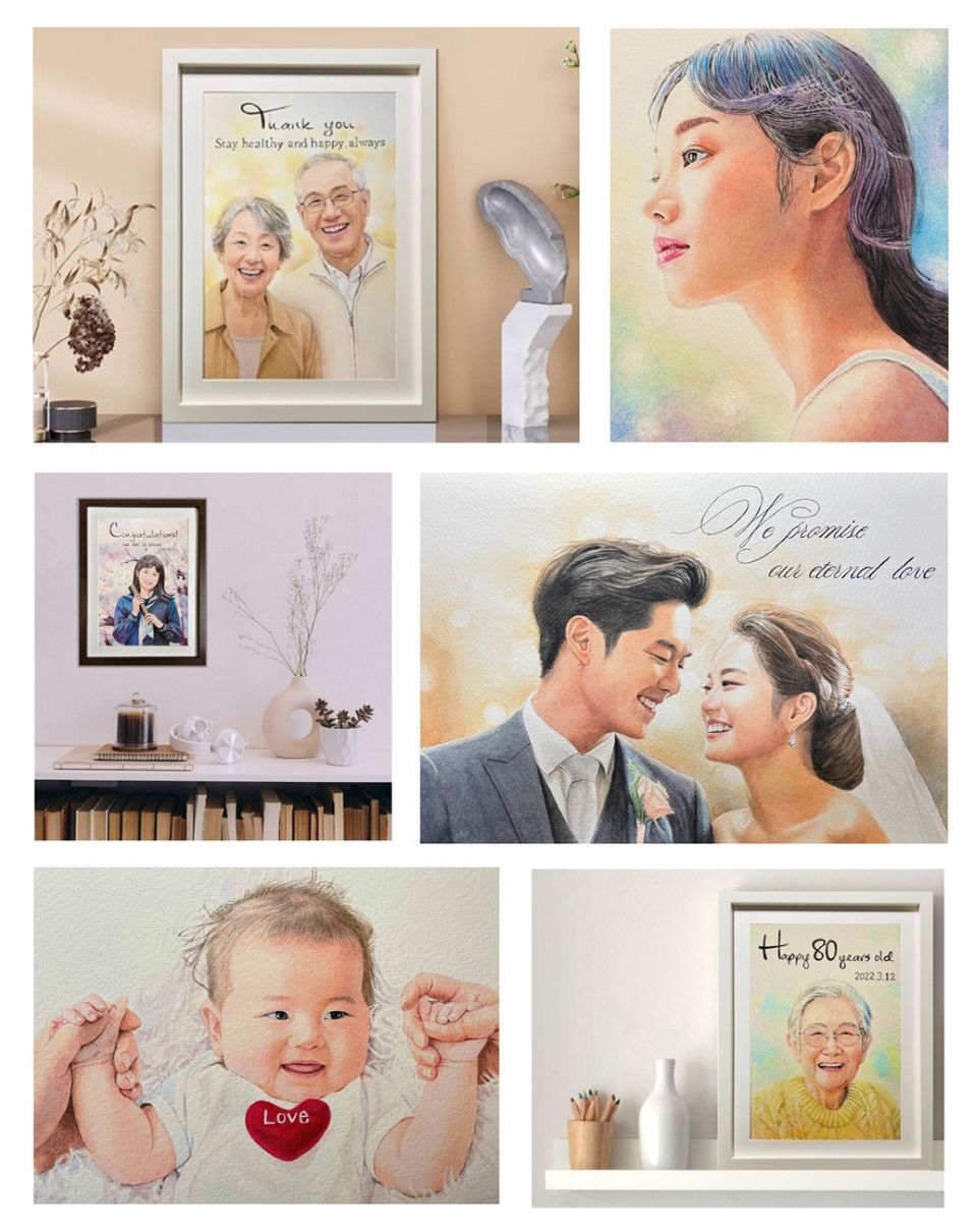 記念日のお祝いの似顔絵作品集。様々なモデルと、構図・色合でオーダーメイド制作した温かみのある似顔絵集。 記念日のお祝いの似顔絵作品集。様々なモデルと、構図・色合でオーダーメイド制作した温かみのある似顔絵集。