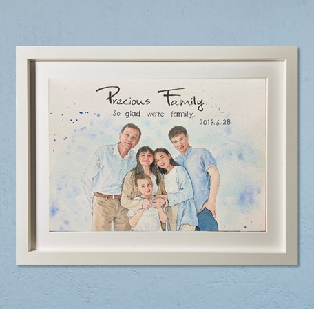 �Ƒ��̋L�O�̎���G�B�Ί��5�l�Ƒ���u�₩�ȐF�����ŕ`��������G��i�B