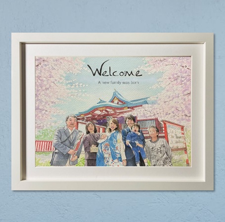 �Ƒ��̋L�O�̎���G�B���{�Q��̋L�O�̓��̊��������ȉƑ�7�l���ƍ��ŕ�ݍ��ނ悤�ɕ`��������G��i�B